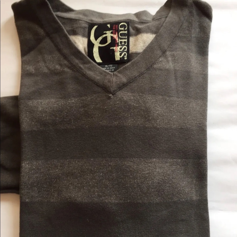 Guess Men Sweater V-Neck Military Green 100% Cotton Long Sleeve XL Stripe